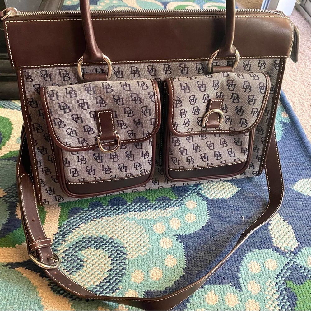 Dooney & Bourke Grey & Brown Canvas and Leather Double Pockets Satchel Tote Bag